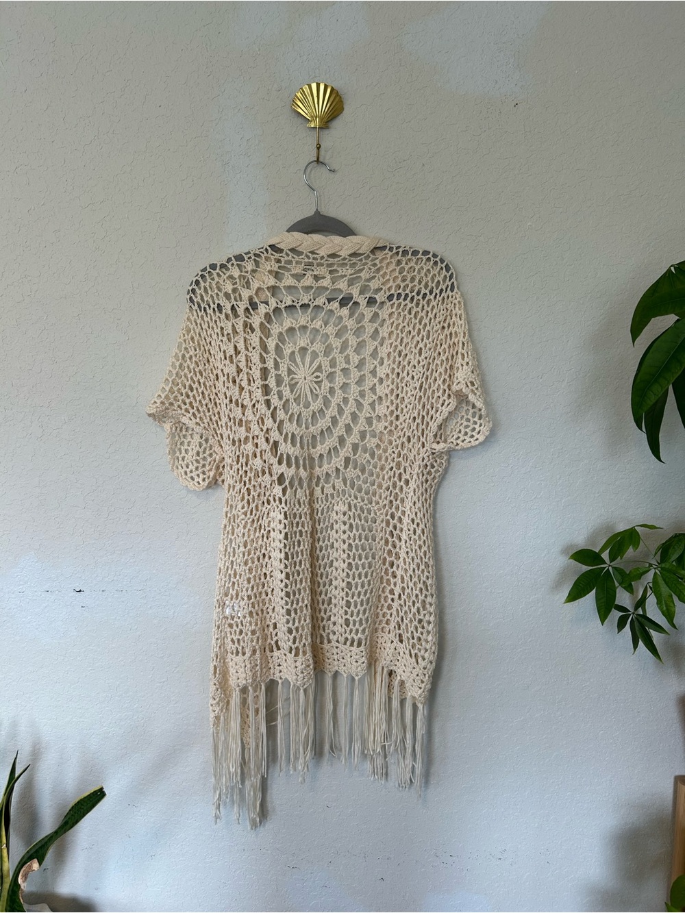 Umgee Cream Crochet Open Knit Fringe Boho Kimono Cardigan Size M - Picture 4 of 8